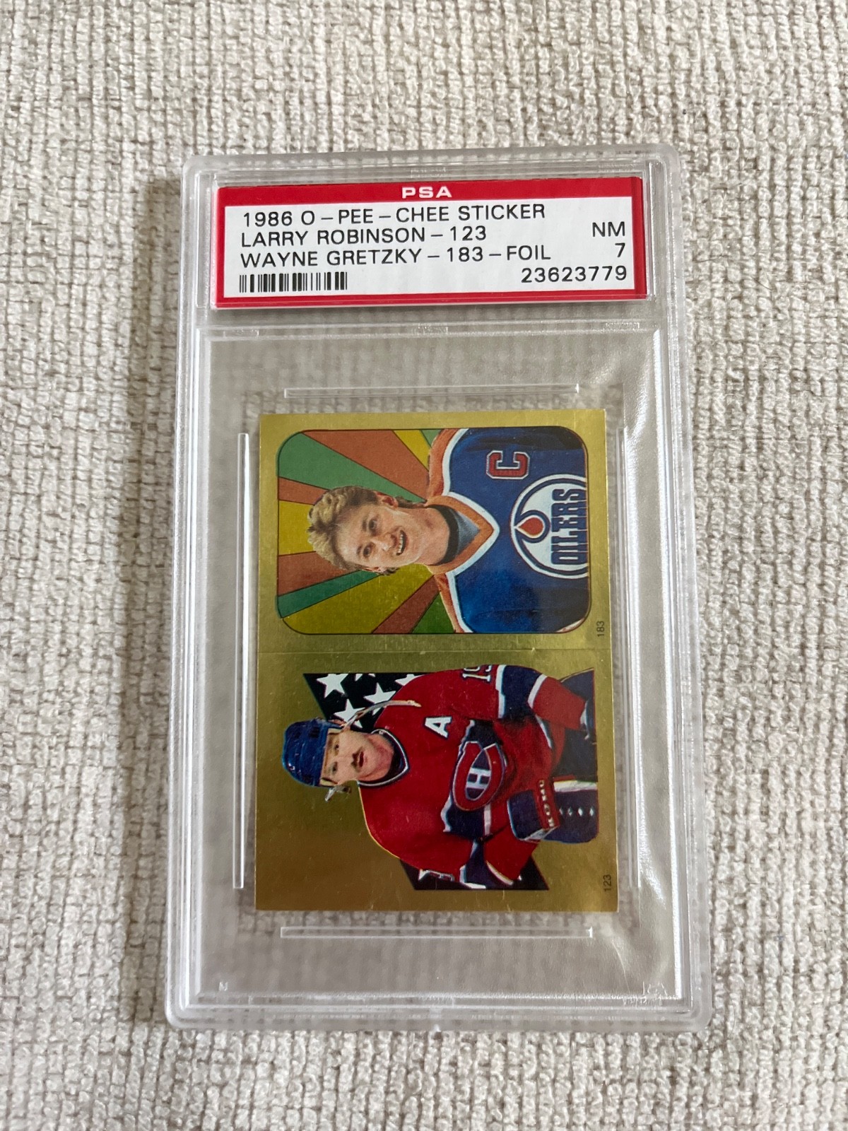 2 Graded Wayne Gretzky stickers o-pee-chee OPC 1985 PSA 8 1986 PSA 7 foil view 4