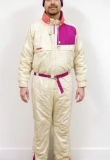 COLUMBIA MENS ONE PIECE SNOW SUIT SNOWSUIT PANTS RETRO VINTAGE XL Beige Pink