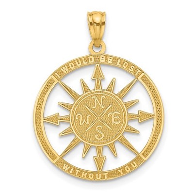 14k Yellow Gold Satin / Polished Lost Without You Compass Pendant Mother Gift