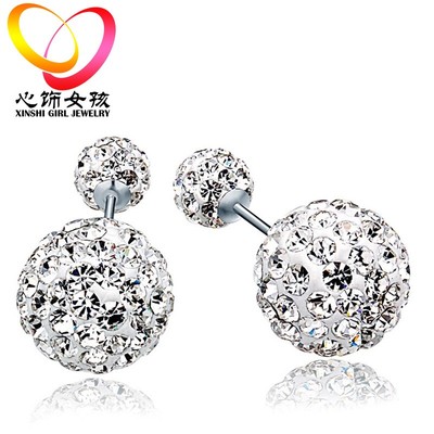 Fashion Womens 925 sterling Silver Double Crystal Ball Ear Stud