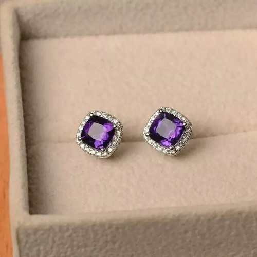 2,20 ct Cushion Cut Lab Created Amethyst Halo Ohrstecker 925 Sterlingsilber - Bild 4 von 6