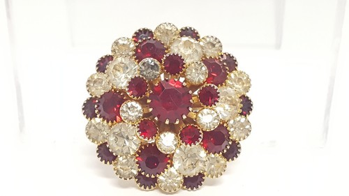 Red White Rhinestone Domed Stacked Brooch Star Pin Round Chunky Vintage Glass - Picture 22 of 22
