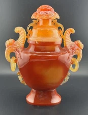 Antique China Natural Carved Red Agate Urn - 9.5” Tall, Handcrafted 100% Agate