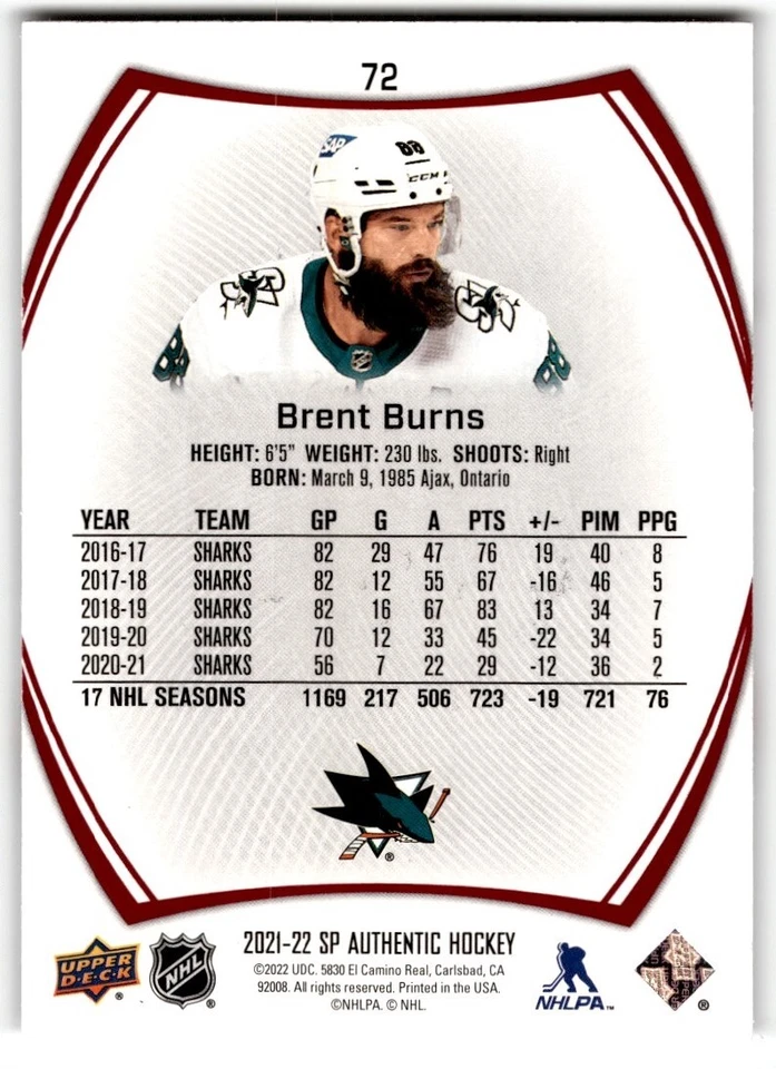 2021-22 SP Authentic Limited Red Brent Burns #72 - Image 2 of 2