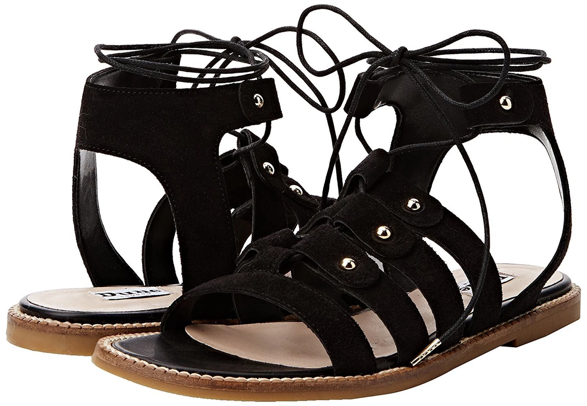 RRP 65 DUNE SIZE 3 4 LORELLI BLACK GOLD FLAT GLADIATOR SANDALS