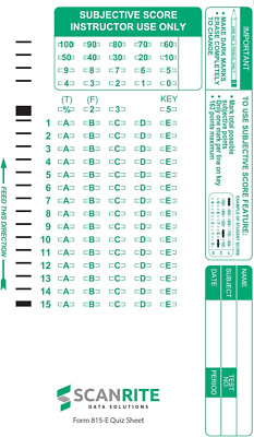 Scanrite 815-E Scantron Compatible Quiz Sheet. 15 Questions.