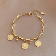 Woman 18K Gold Plated Elizabeth Queen Beaded Charm Box Chain Bracelet Bangle