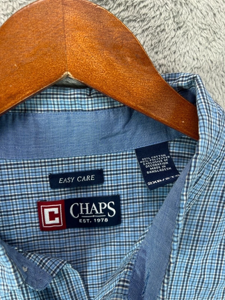 CHAPS Mens Big 2X Blue Button Down Shirts Easy Care Micro Plaid Long Sleeve - Image 4 of 4