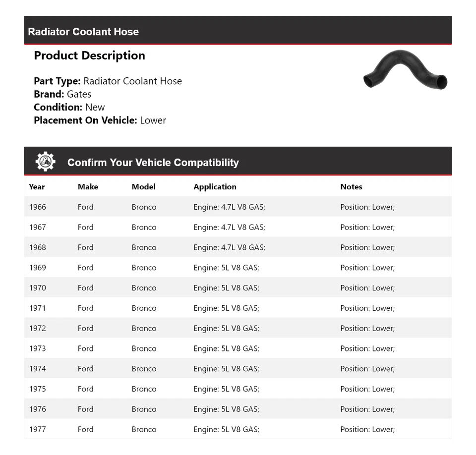 Manguera de refrigerante de radiador para Ford Bronco 1966-1977 puertas inferiores 1967 1968 1969 1970 Foto 2 de 4