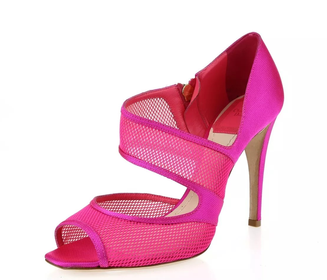 Escarpins femme créateur Christian Dior tissu rose fluo bout ouvert maille pointure 36,5