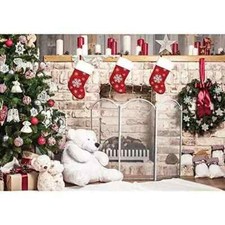7x5ft Christmas Fireplace Backdrop for Photography Xmas Tree Sock 7'x5' white