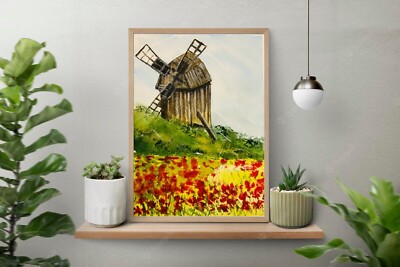 Alte Windmühle auf einem Mohnblumenfeld Original Aquarell von BeautyinDetaiStudio
