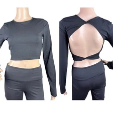 New Women's Black Ribbed Twist Backless Long Sleeves Cropped Top Size M
