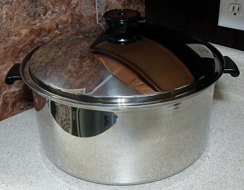 Ancien grand pot en acier inoxydable élégant temp ton avec couvercle 15" 5 plis Alcor - Photo 1/10