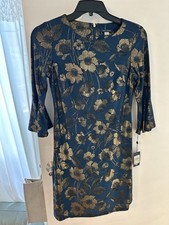 Tommy Hilfiger Size 4 Poppy Jacquard Bell Sleeve Dress Teal Gold NWT