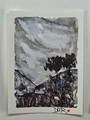 Original ACEO Trees Landscape  Stormy Sky Rain Thunder Dulce Maria Rico''THUNDER''