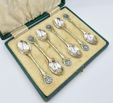 FINE ART DECO STERLING SILVER & ENAMEL FLOWER COFFEE SPOONS Birmingham 1936
