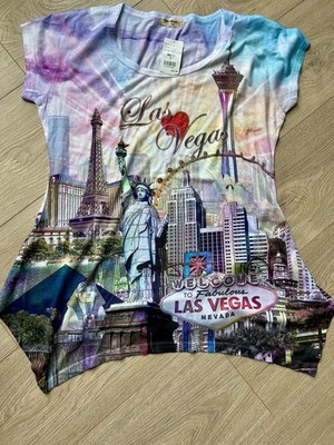 NWT Sweet Gisele Las Vegas Graphic Scoop Tee Women s Size Large Rhinestone