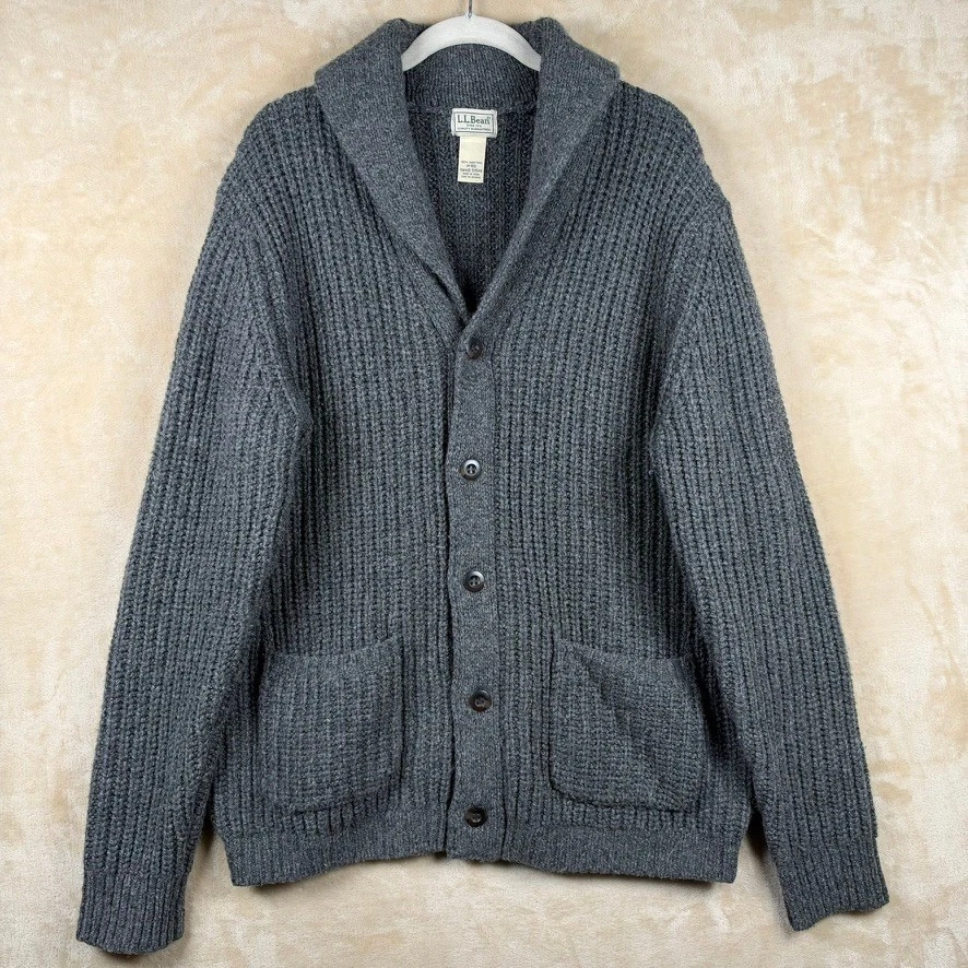 Cárdigan suéter tejido acanalado cuello chal 100 % lana de cordero gris M LL Bean para hombre