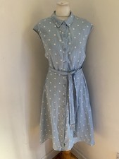 Joules Alisandra shirt Dress 14 VGC belted fit & flare blue dotty linen midi