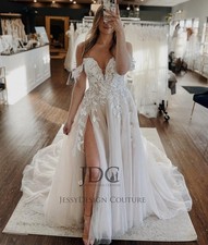 Blush Ivory Wedding Dress Wedding Dress Custom Made 32-60 Slit Leaf Lace