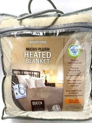 BIDDEFORD BLANKETS Biddeford Electric Heated MicroPlush Queen Sz 84"x 90" Blanket Tan Auto Shut off