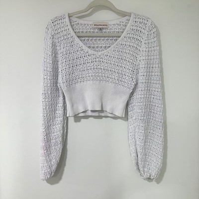 Willow & Wind Sweater Crop Top Womens Medium White Cotton Open Knit V-Neck Boho