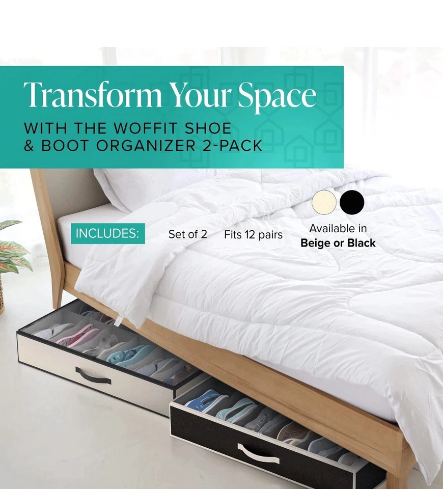 Woffit Under Bed Shoe Storage Organizer Set of 2 Containers, Each Fit 12 Shoes - Image 2 of 4