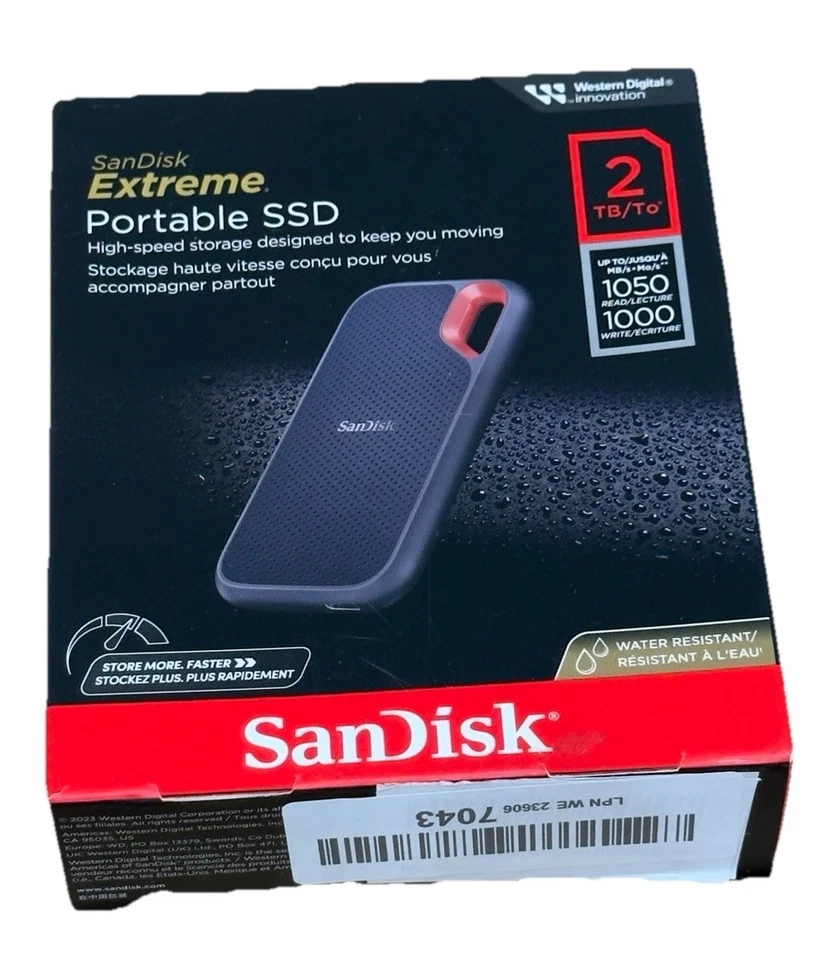SanDisk Extreme 2TB USB-C Portable External SSD Black Hoop Water Resistant
