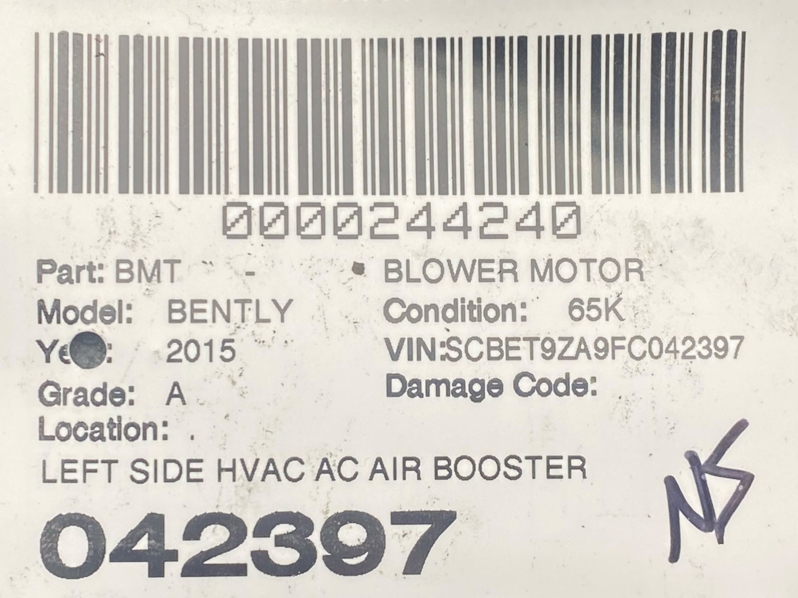2013-2019 BENTLEY FLYING SPUR 4W 223B LEFT AIR BOOSTER BLOWER MOTOR W/ REISTOR