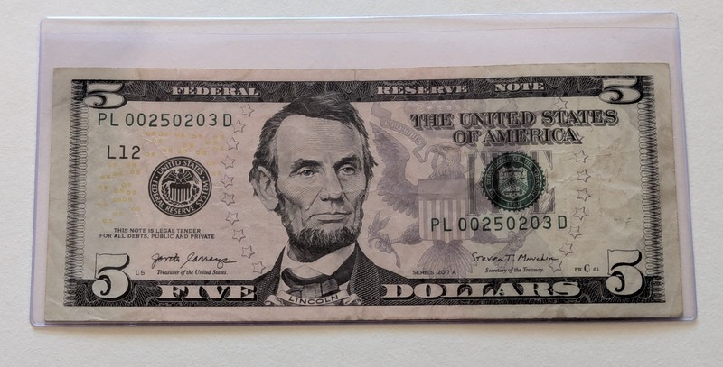 US Five Dollars, 2017 A, $5 Federal Reserve Note, Low Serial Number