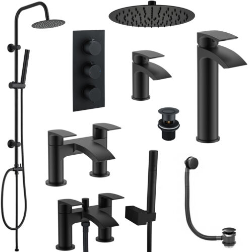 Matt Black Modern Round Bathroom Basin & Bath Taps & Thermostatic Shower Mixers - Afbeelding 1 van 103