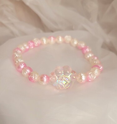 Cute pink Bracelet plastic beaded stretch fashion lucky money paw and roses. Lg