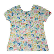 Dickies Scrub Nurse Top Size Medium Colorful Owls Keyhole Neck Pink Blue Green