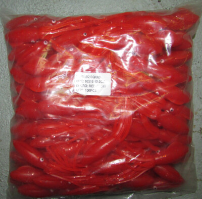 100 Supertackle bulk 4'' SUPER BEATLE RED GLOW soft squids Salmon Cod Halibut