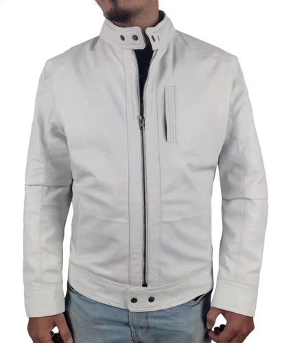 STYLISH New Men's White Stand Collar Jacket Soft Lambskin Stylish Slim FitJacket - product listing photo