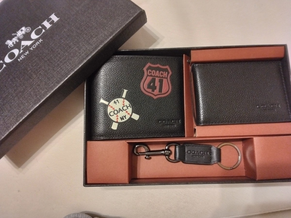 COACH Black Signature Baseball Bi-fold Wallet + Card Case + Key
