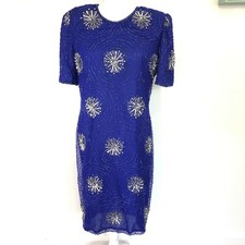 Vintage Blue Silver Beaded Sequin Cocktail Dress