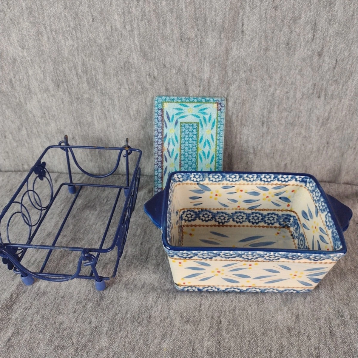 Baking Dish Old World Blue Temp-Tations By Tara 7 x 5 x 3" W/Cooling Rack & Pad