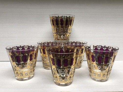 VTG 1950’s  Set Of 6 Culver Cranberry Scroll 22kt Gold Flared Cocktail Glasses