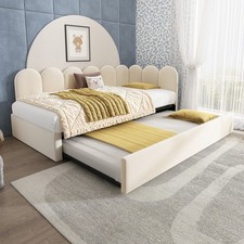 Upholstered Daybed Bed with Trundle 3FT Single Sofa Bed 90X190cm, Velvet, Beige