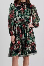 Tahari ASL Womens' Black Floral Printed Chiffon Tie-Waist Dress Size 8