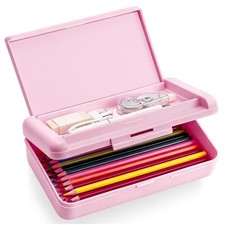 Pencil Box, Double Layer Pink Pencil Case, Large Capacity Plastic Crayon Box