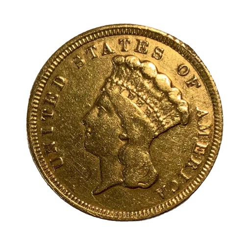 1854 G$3 Indian Princess Head Three Dollar Gold Piece -Rim Damage at 2 o’clock -