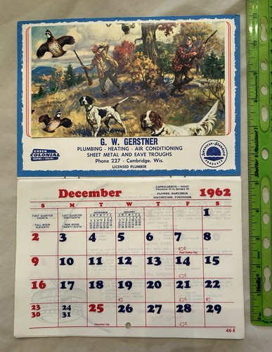 Vintage 1962 Advertising Gerstner Plumbing Heating Calendar Cambridge Wisconsin