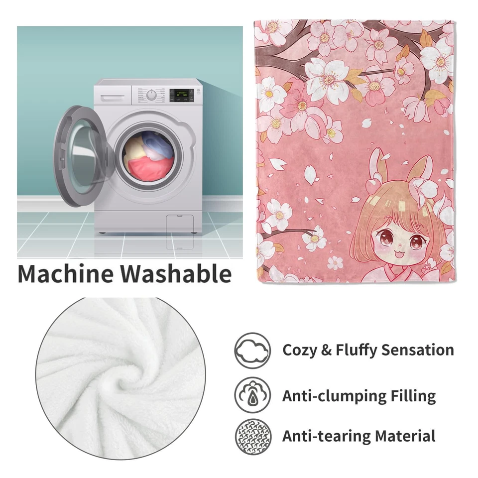 Flor de cerezo y linda manta de franela para niña de anime, rosa floral suave blanco claro... Foto 4 de 4