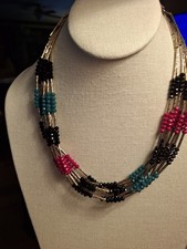 Pre-owned Black Red Green Beaded Multi-Strand Necklace Adjustable Lobster Clasp