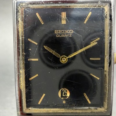 Seiko tank Watch Men 25mm Black Dial Black & Gold Tone Date 7N29