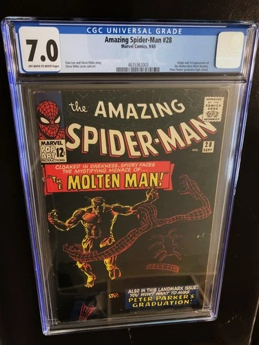 Amazing Spider-Man #28. CGC 7.0. 1st App Molten Man. Peter Parker Graduates 1965