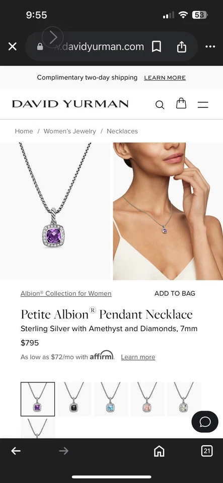 David Yurman Petite Albion Pendant Necklace with Amethyst and Diamonds 17" - Image 2 of 3